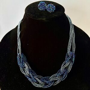 Vintage Blue Seed Bead Woven Spiral Necklace & Earring Set Blue Iridescent Glass